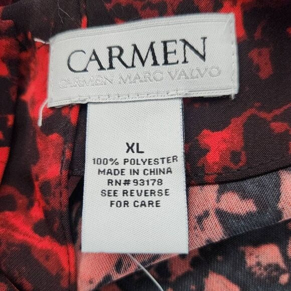 Carmen Marc Valvo Red and Black Print Blouse with Bell Sleeves Size XL, New