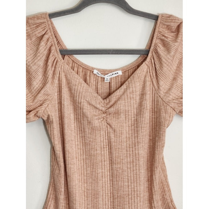 Celebrity Dusty Pink Ribbed Puffy Sleeve Bodysuit Size Medium