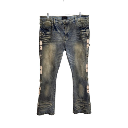 Red Poppy Mens Distressed Mud Wash Bootcut Jeans with Embellishments Size 42