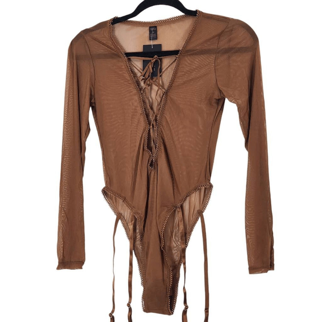 Frederick's of Hollywood Cocoa Sexy Sheer Mesh Bodysuit Size Medium NWT