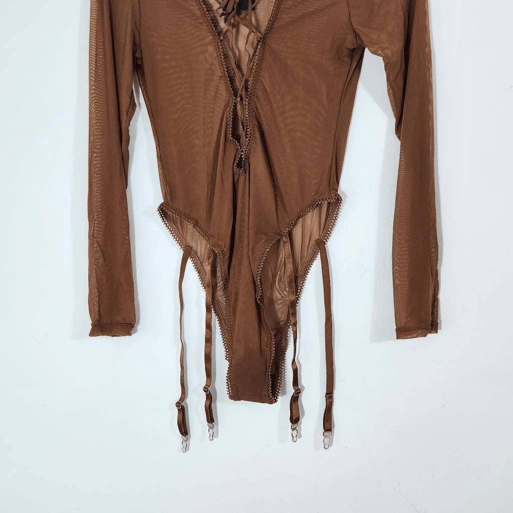 Frederick's of Hollywood Cocoa Sexy Sheer Mesh Bodysuit Size Medium NWT