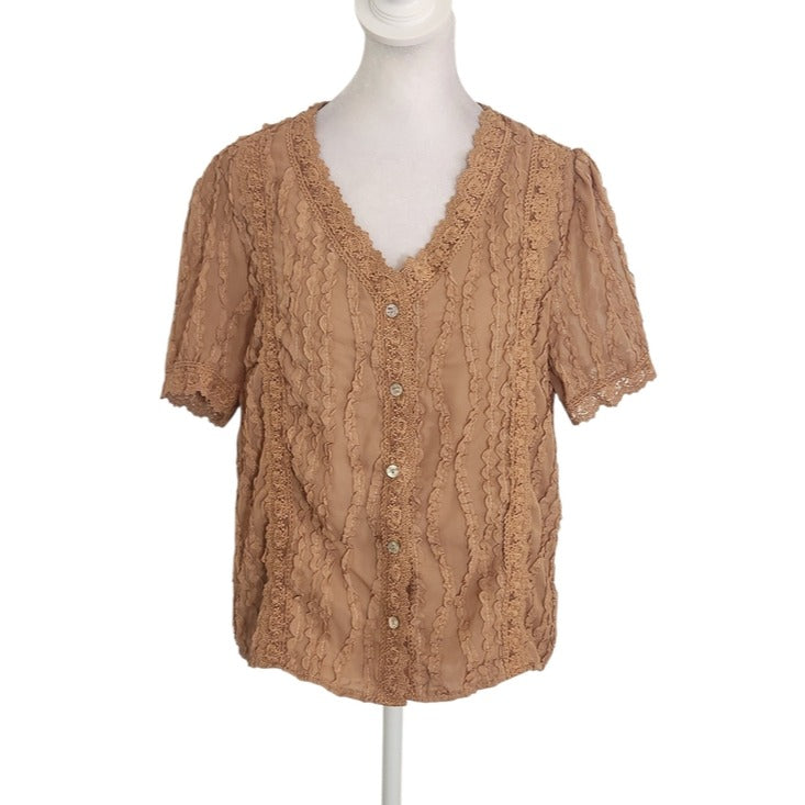SHEIN Tan Sheer Button Up Blouse with Lace Trim Size 6 NWOT