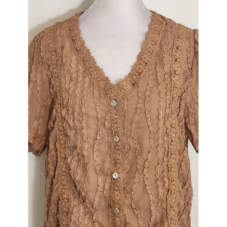 SHEIN Tan Sheer Button Up Blouse with Lace Trim Size 6 NWOT