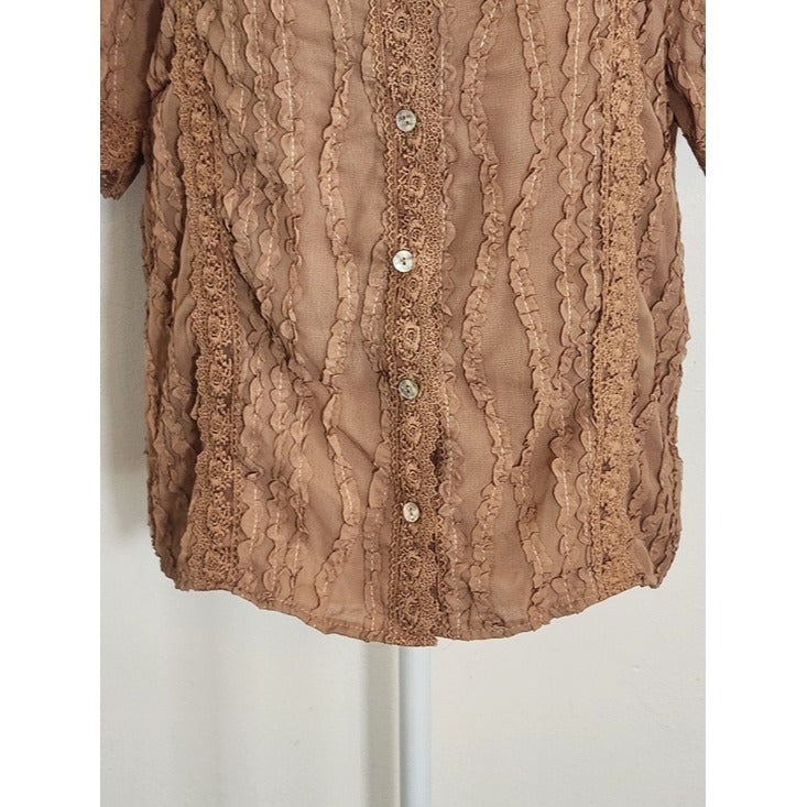 SHEIN Tan Sheer Button Up Blouse with Lace Trim Size 6 NWOT