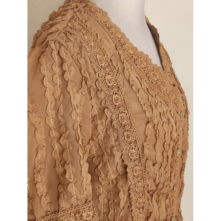 SHEIN Tan Sheer Button Up Blouse with Lace Trim Size 6 NWOT