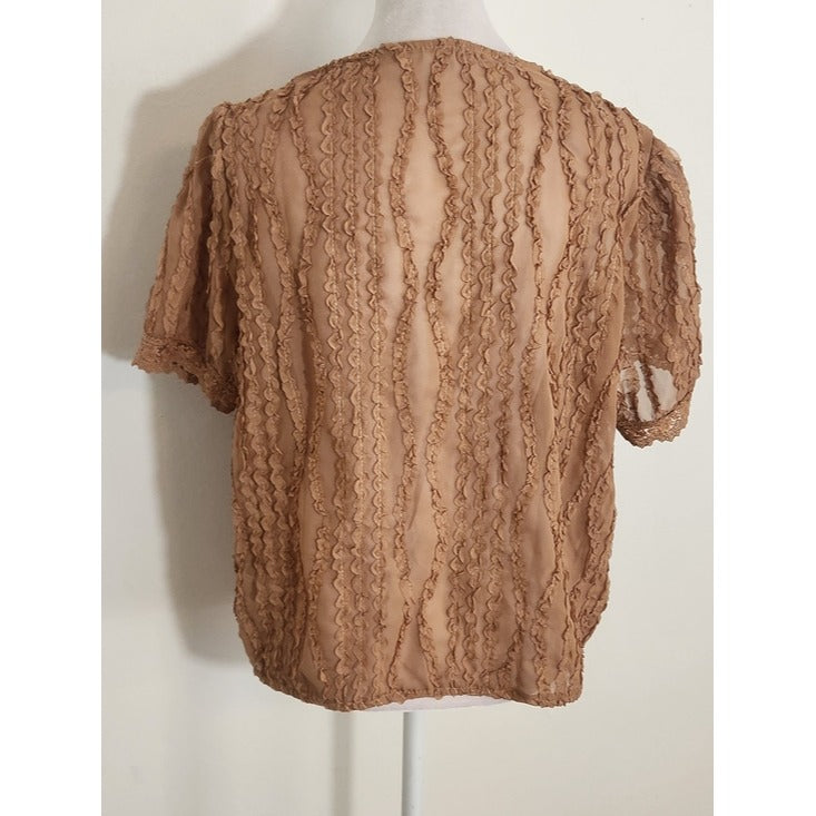 SHEIN Tan Sheer Button Up Blouse with Lace Trim Size 6 NWOT