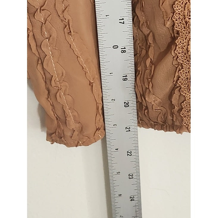 SHEIN Tan Sheer Button Up Blouse with Lace Trim Size 6 NWOT