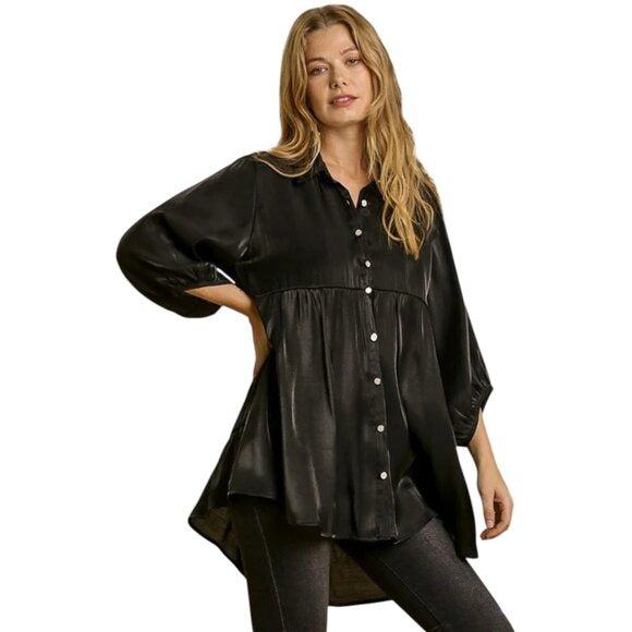 Umgee Black Satin Collared Button-Up Tunic Size XL NWT