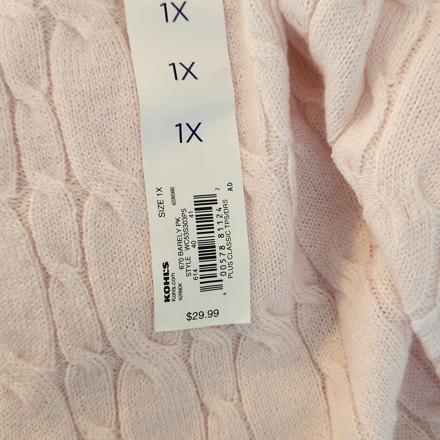 Croft & Barrow Light Pink Cable Knit Sweater Size 1X NWOT