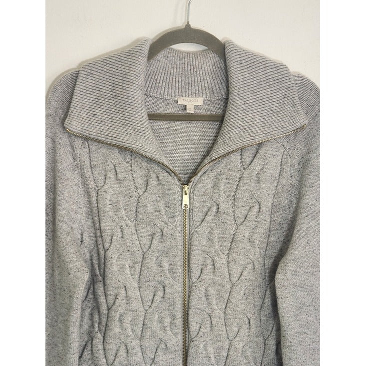 Talbots Gray Cable Knit Zip Up Cardigan Sweater Size Large
