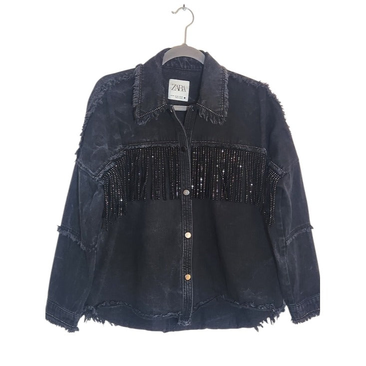 Zara Black Rhinestone Fringe Distressed Denim Jacket Size XS