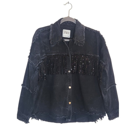 Zara Black Rhinestone Fringe Distressed Denim Jacket Size XS