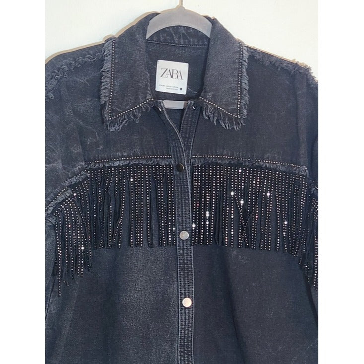 Zara Black Rhinestone Fringe Distressed Denim Jacket Size XS