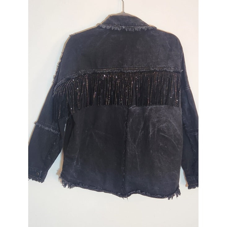 Zara Black Rhinestone Fringe Distressed Denim Jacket Size XS