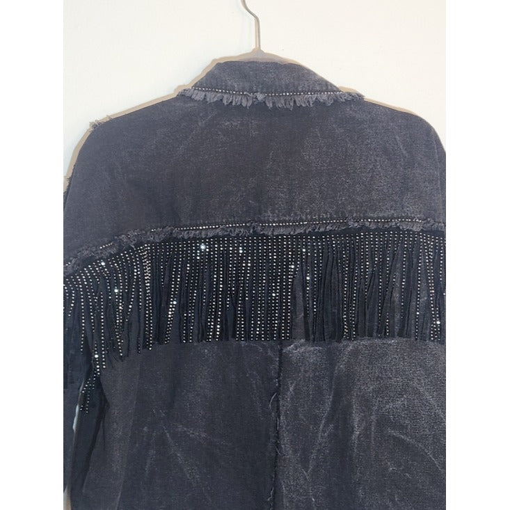 Zara Black Rhinestone Fringe Distressed Denim Jacket Size XS