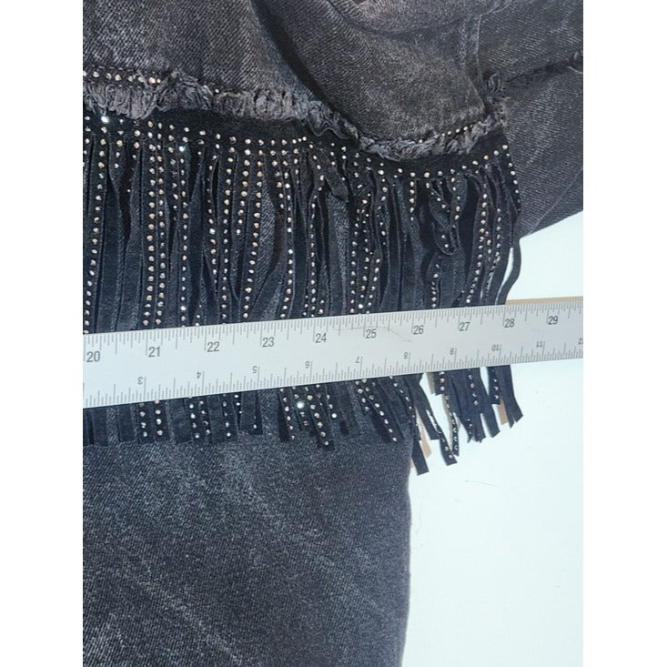Zara Black Rhinestone Fringe Distressed Denim Jacket Size XS