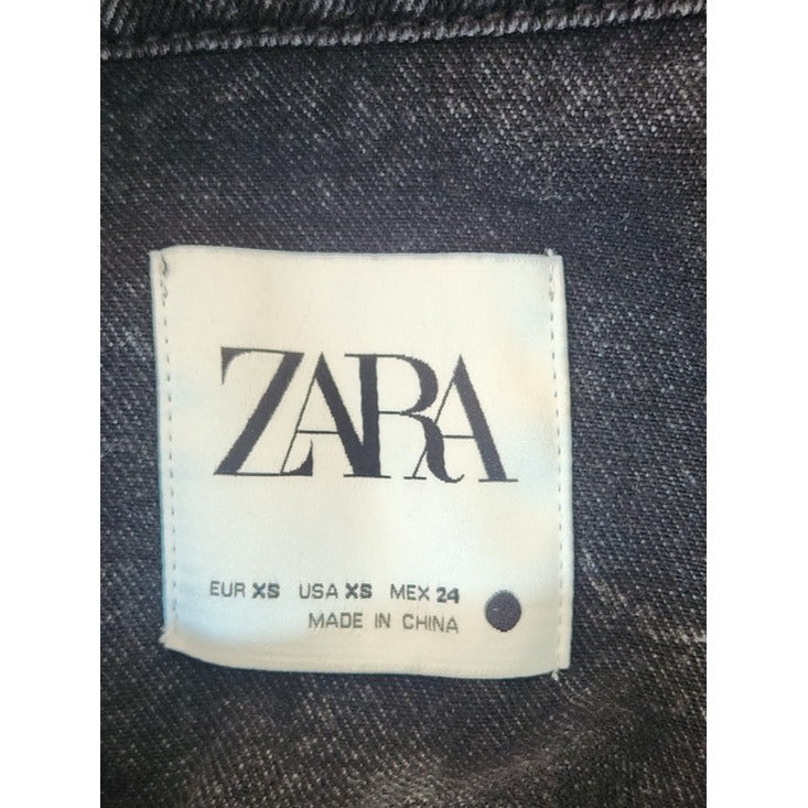 Zara Black Rhinestone Fringe Distressed Denim Jacket Size XS