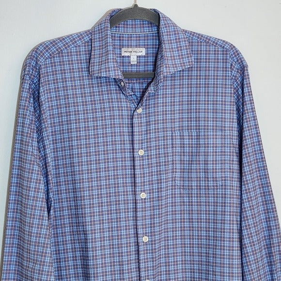 Peter Millar Blue Plaid Button Down Shirt Size Large