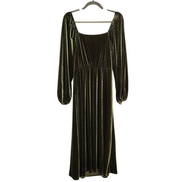 Olive Green Velvet Midi Cocktail Dress Size Large Wedding Guest Dress
