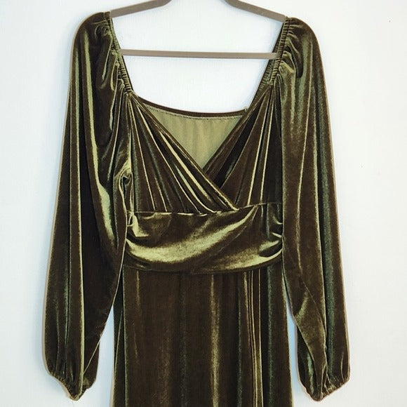 Olive Green Velvet Midi Cocktail Dress Size Large Wedding Guest Dress