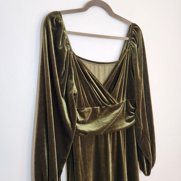 Olive Green Velvet Midi Cocktail Dress Size Large Wedding Guest Dress