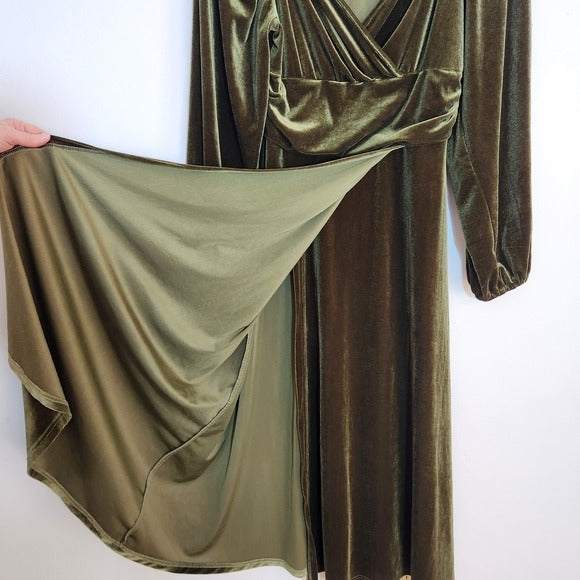 Olive Green Velvet Midi Cocktail Dress Size Large Wedding Guest Dress