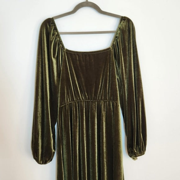 Olive Green Velvet Midi Cocktail Dress Size Large Wedding Guest Dress