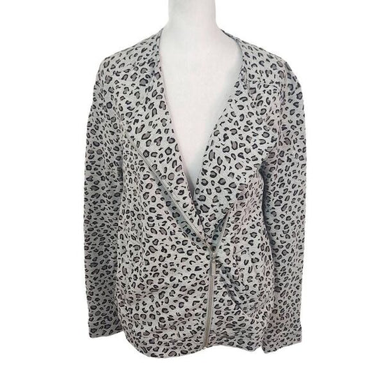 Joan Vass Gray Leopard Print Knit Moto Jacket Size Medium Gray Leopard Jacket