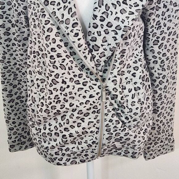 Joan Vass Gray Leopard Print Knit Moto Jacket Size Medium Gray Leopard Jacket