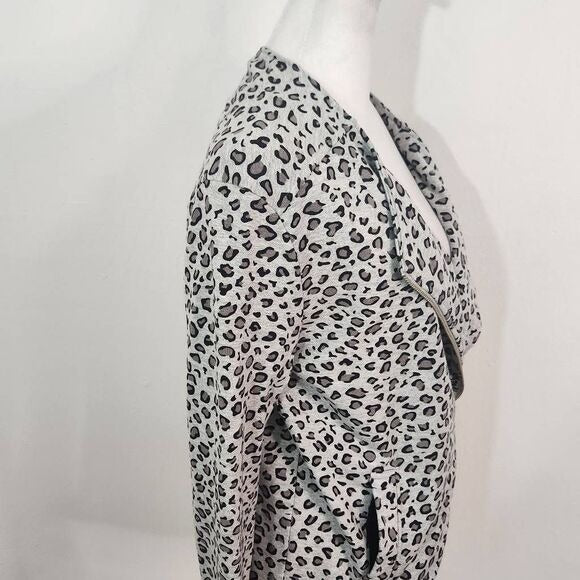 Joan Vass Gray Leopard Print Knit Moto Jacket Size Medium Gray Leopard Jacket