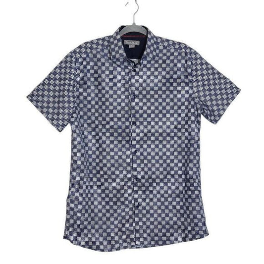 Paulo Solari Navy and White Print Short-Sleeved Button-Down Shirt Size Medium