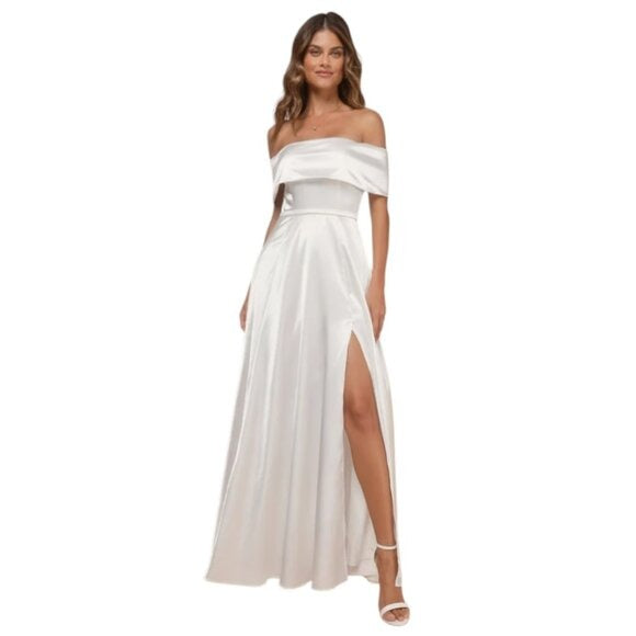 Lulus White Satin Off the Shoulder Wedding Dress NWT Medium Puffy Wedding Gown