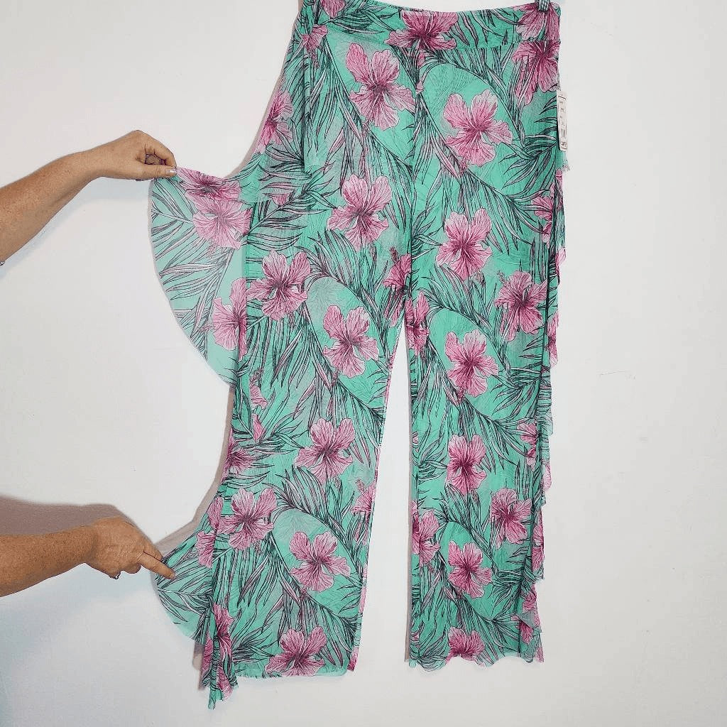 Love 83 Green and Pink Floral Sheer Beach Pants NWT Size 3XL Pull-on Pants