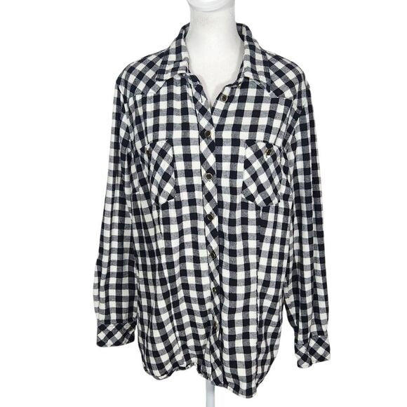 Bit & Bridle Black and White Plaid Flannel Button Down Shirt Size Large