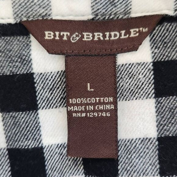 Bit & Bridle Black and White Plaid Flannel Button Down Shirt Size Large