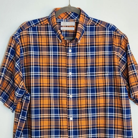 Roundtree & Yorke Orange and Blue Short Sleeve Button Down Shirt Size Large