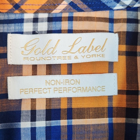 Roundtree & Yorke Orange and Blue Short Sleeve Button Down Shirt Size Large