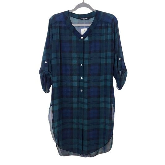 Cha Cha Vente Blue and Green Sheer Plaid Tunic Shirt Size Medium