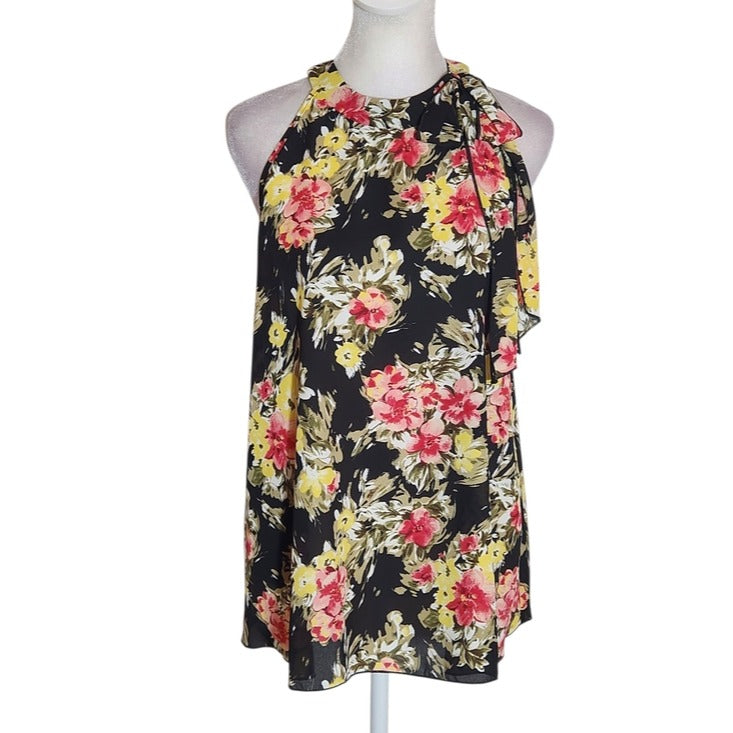 Kim & Cami Black Floral Sleeveless Tie Neck Blouse Size Medium