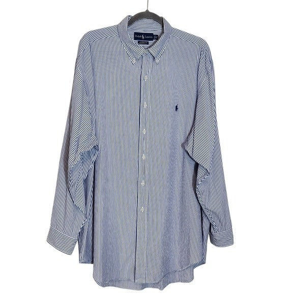 Ralph Lauren Blue Striped Button-Down Shirt Size 18/34-35 Preppy Stripe Shirt