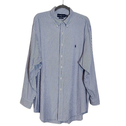 Ralph Lauren Blue Striped Button-Down Shirt Size 18/34-35 Preppy Stripe Shirt