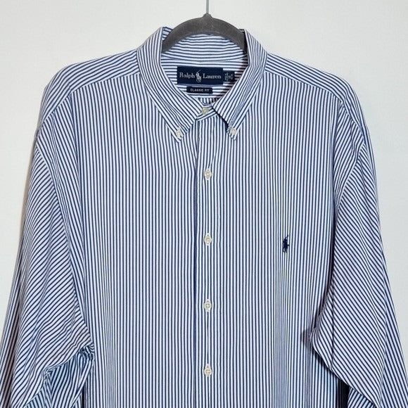 Ralph Lauren Blue Striped Button-Down Shirt Size 18/34-35 Preppy Stripe Shirt