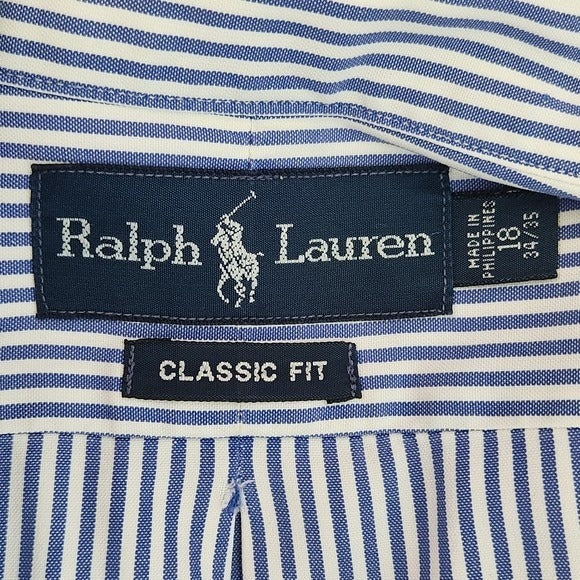 Ralph Lauren Blue Striped Button-Down Shirt Size 18/34-35 Preppy Stripe Shirt