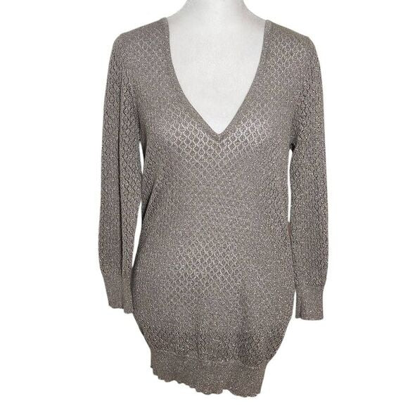 The Limited Taupe Open Knit Sweater with Metallic Gold Accents Size Medium
