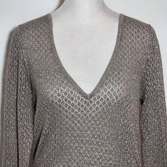 The Limited Taupe Open Knit Sweater with Metallic Gold Accents Size Medium