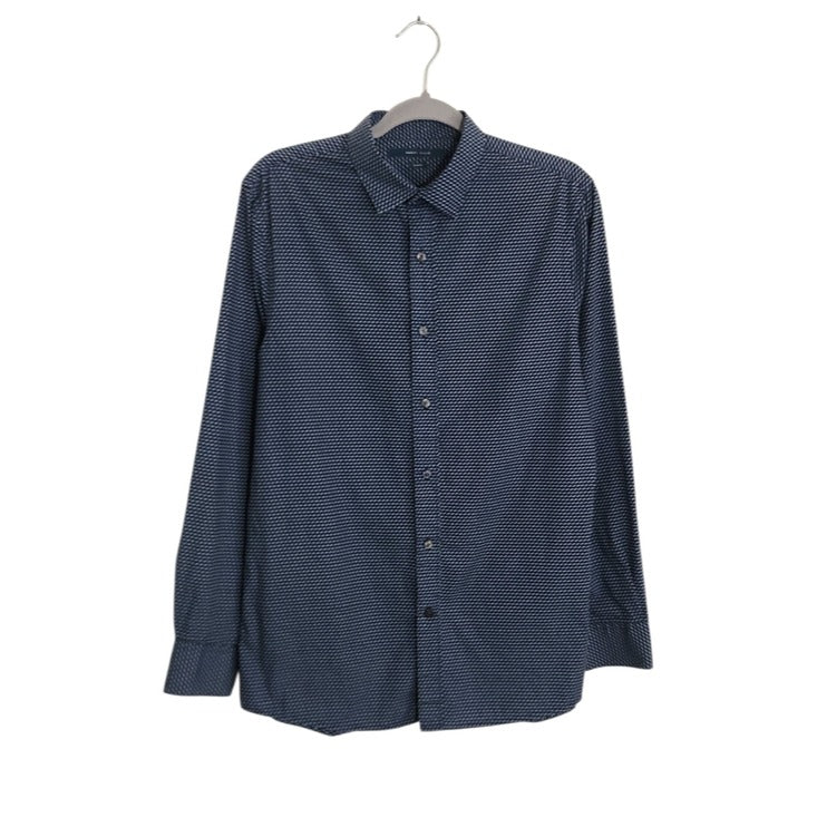 Perry Ellis Navy Geometric Print Long Sleeve Button Down Shirt Size Medium
