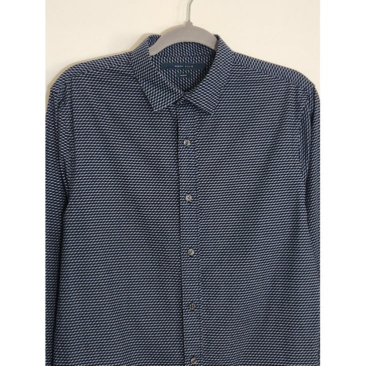 Perry Ellis Navy Geometric Print Long Sleeve Button Down Shirt Size Medium