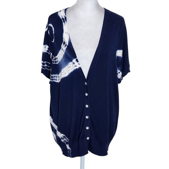 INC International Concepts Navy and White Short Sleeve Cardigan Sweater Size 1X