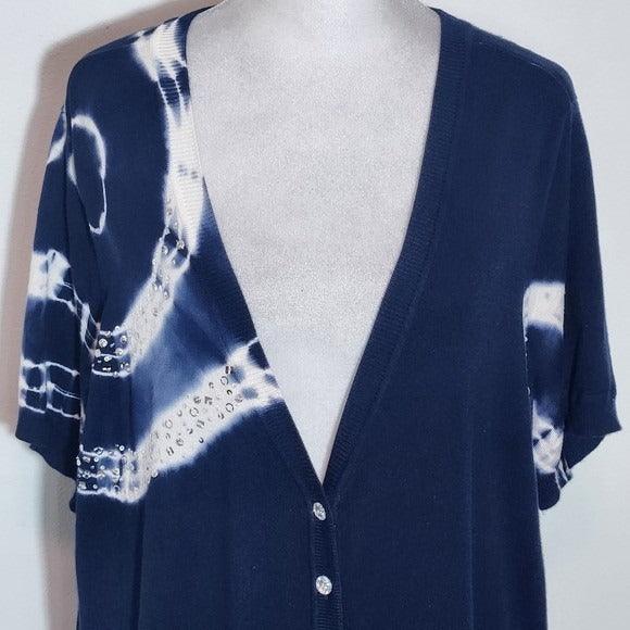 INC International Concepts Navy and White Short Sleeve Cardigan Sweater Size 1X