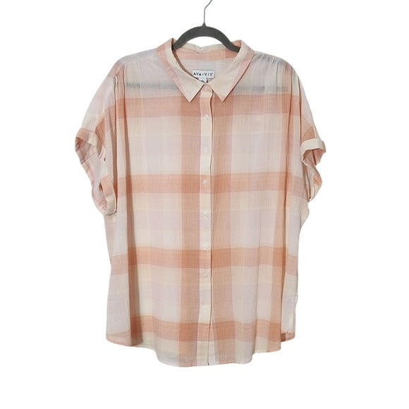 Ava & Viv Pink and Orange Plaid Button-Up Shirt Size 2X Plaid Sheer Top